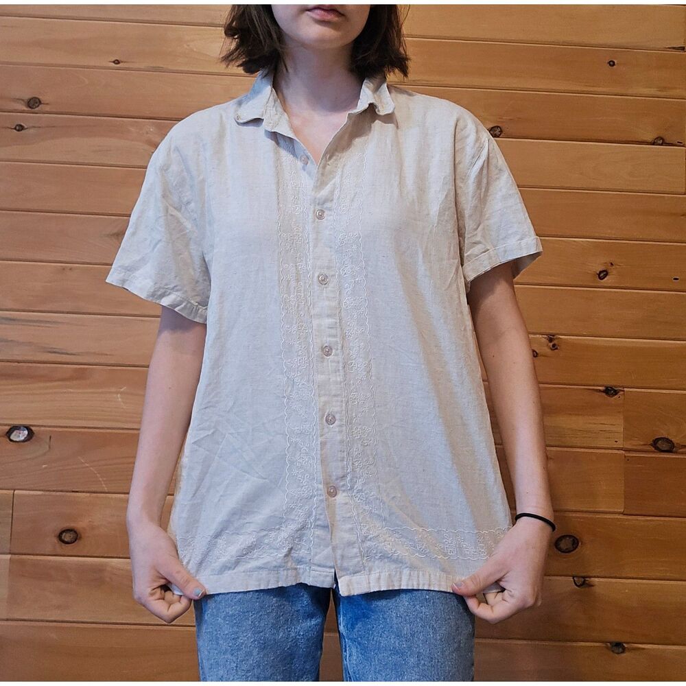 Women's Vintage 90s Willow Bay Cotton Linen Tan Embroidered Button Front Blouse